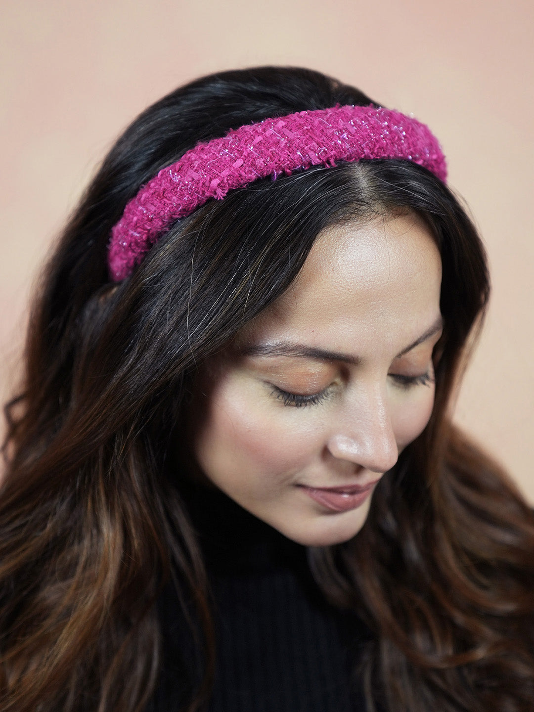 Women Pink Tweed Puff Hair Band