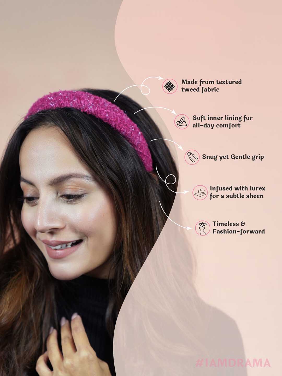 Women Pink Tweed Puff Hair Band