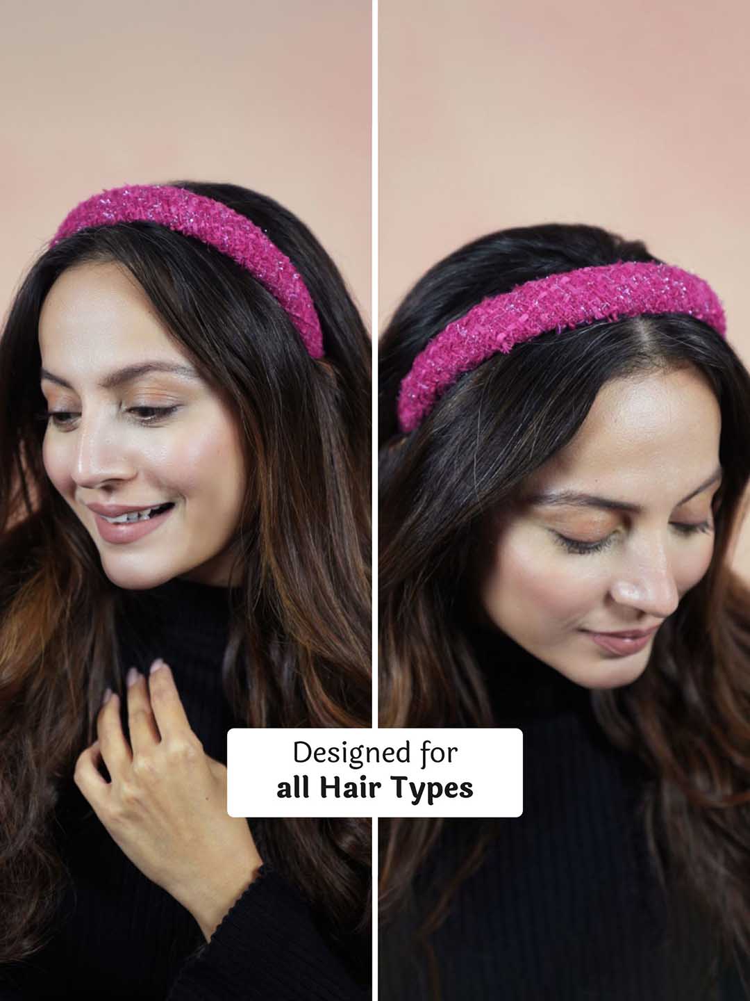 Women Pink Tweed Puff Hair Band