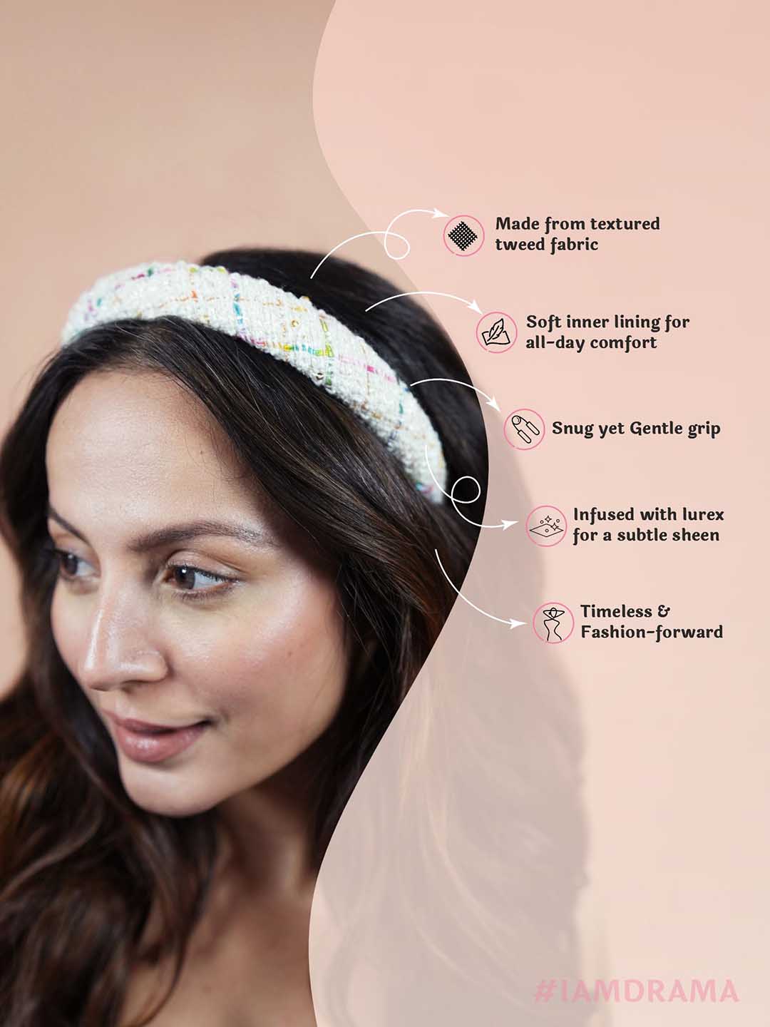 Women White Tweed Puff Hair Band