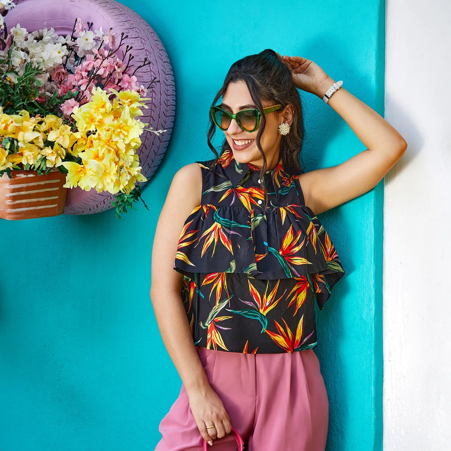 Women Black Flora Cold-Shoulder Top