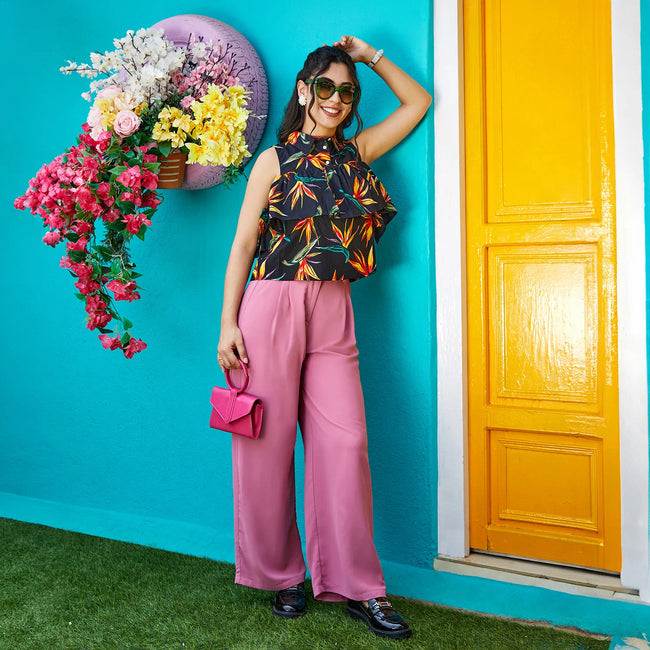 Women Black Flora Cold-Shoulder Top