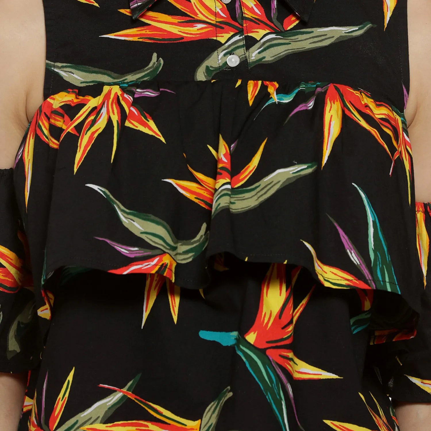 Women Black Flora Cold-Shoulder Top