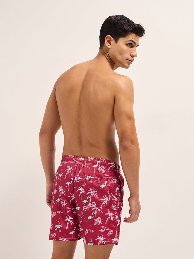 Men Red Printed Swim Shorts