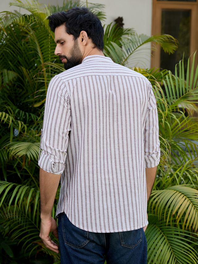 Men Brown Woven Striped Cotton Short Kurta