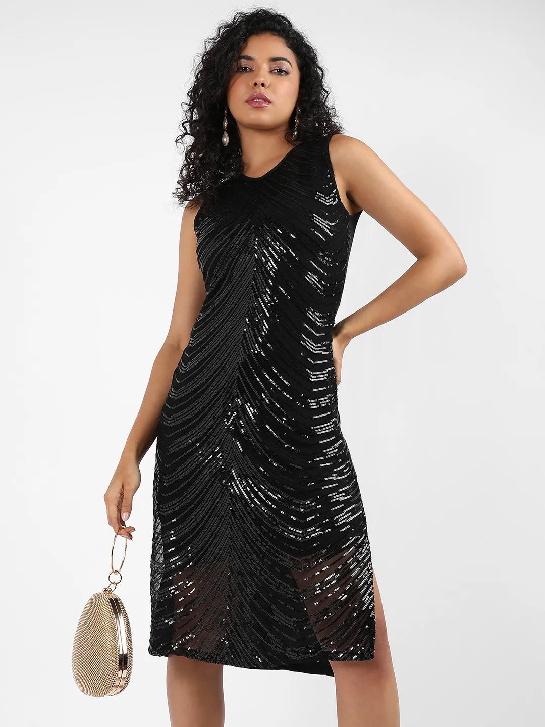 Women Black Sequin Slit Dress
