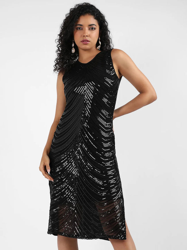 Women Black Sequin Slit Dress