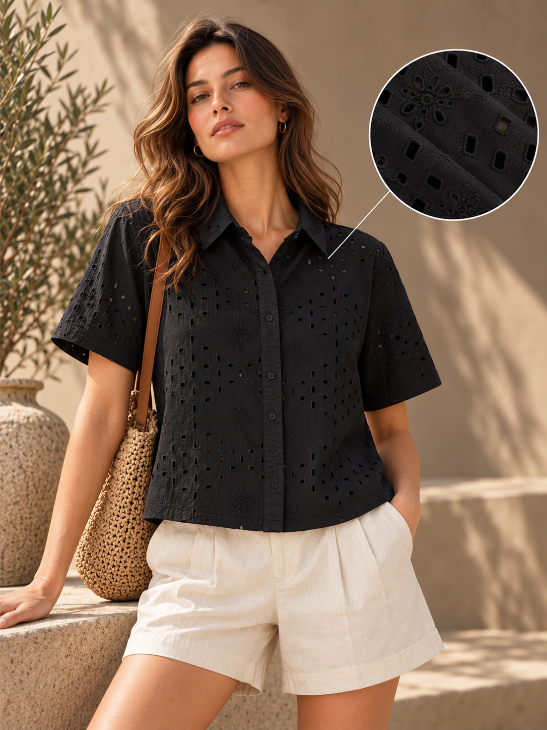 Women Black Diamond Shiffli Boxy Shirt
