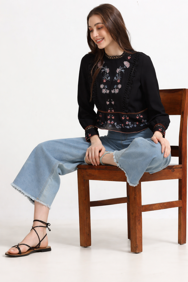 Women Black Lace & Embroidered Party Top