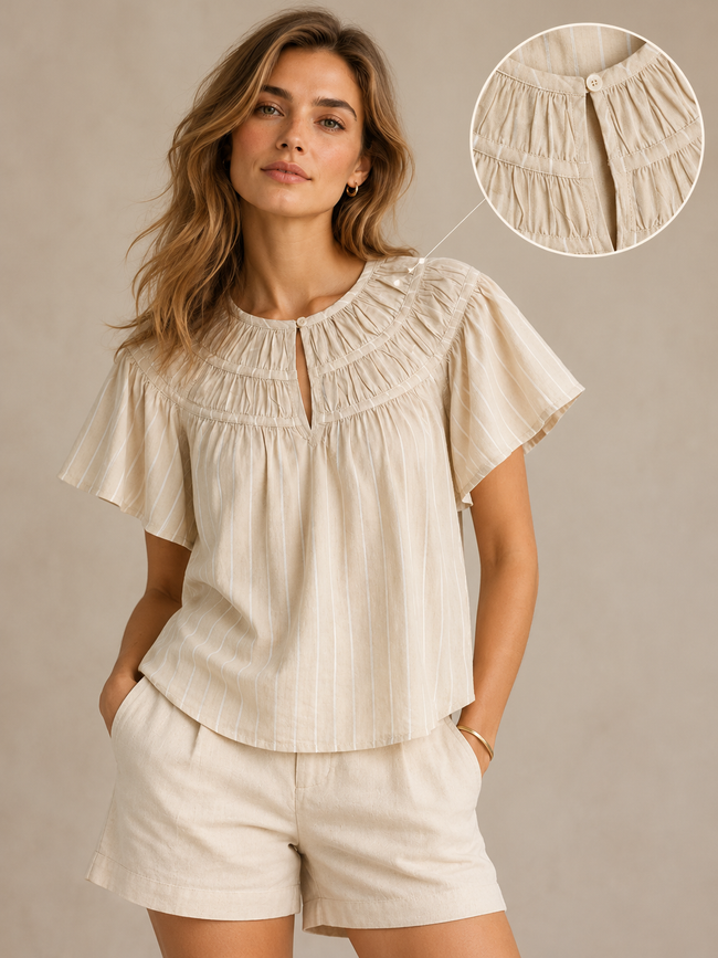 Women Beige Smocked Neck Relaxed Top