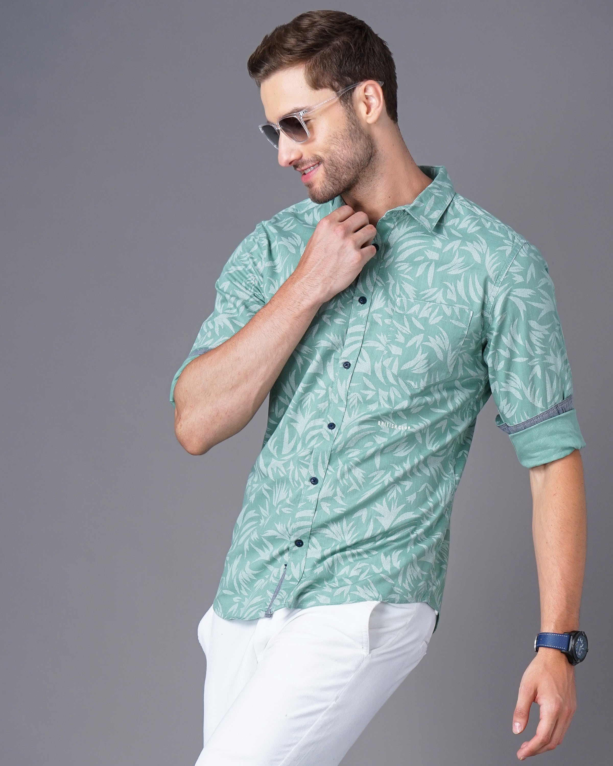 Men Green Cotton Slim Shirt