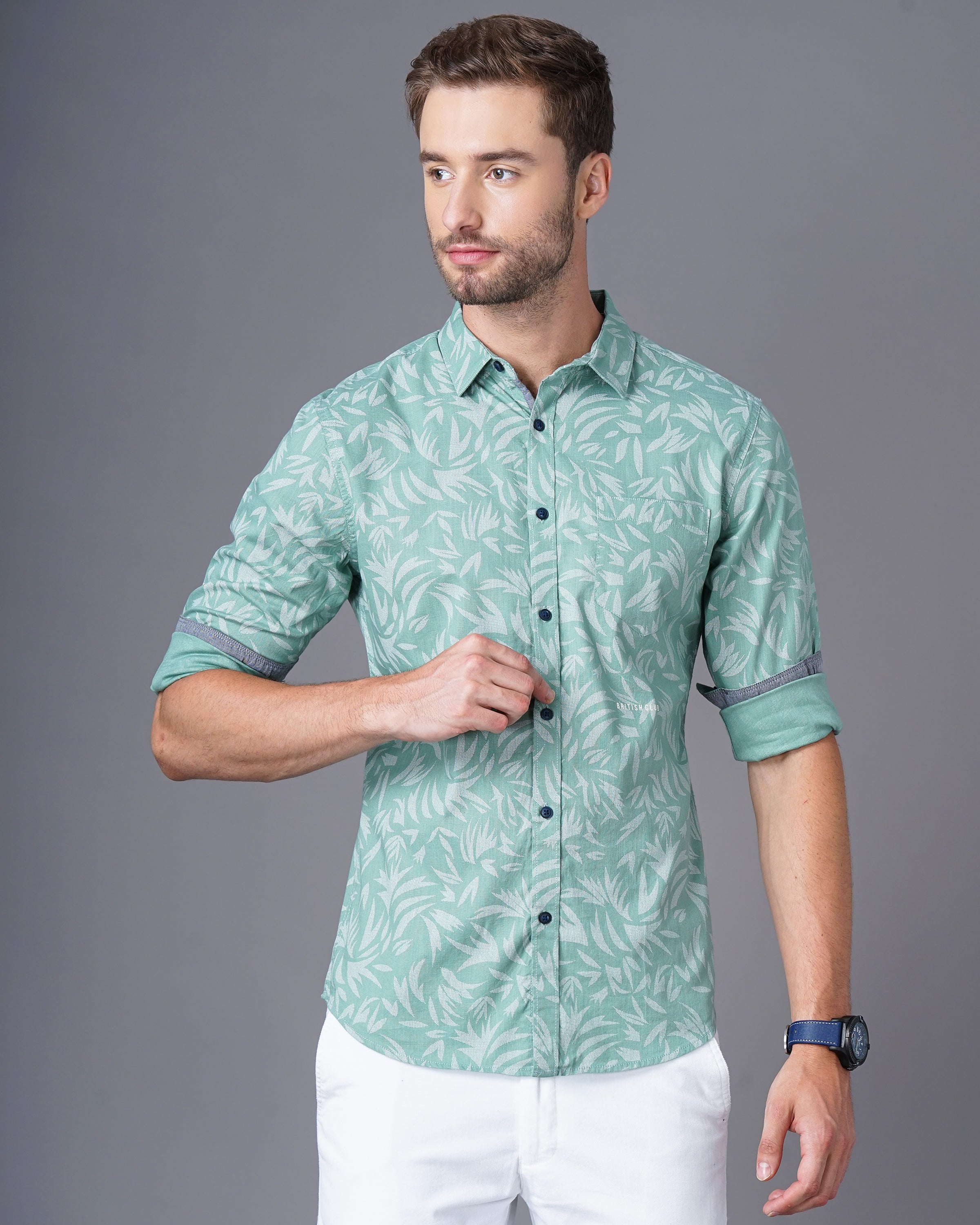 Men Green Cotton Slim Shirt
