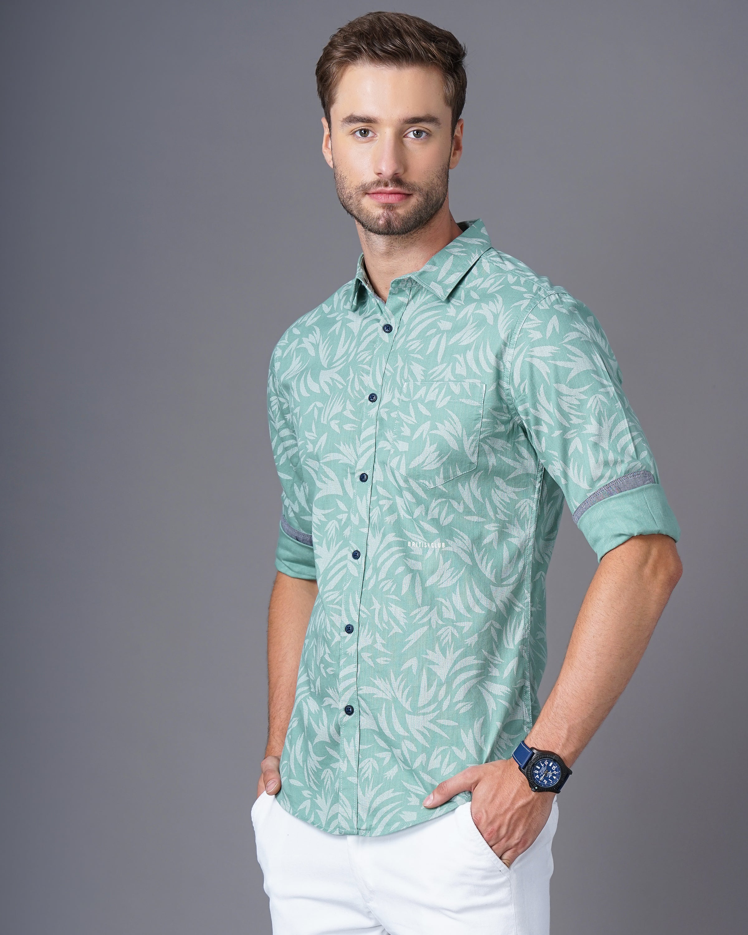 Men Green Cotton Slim Shirt