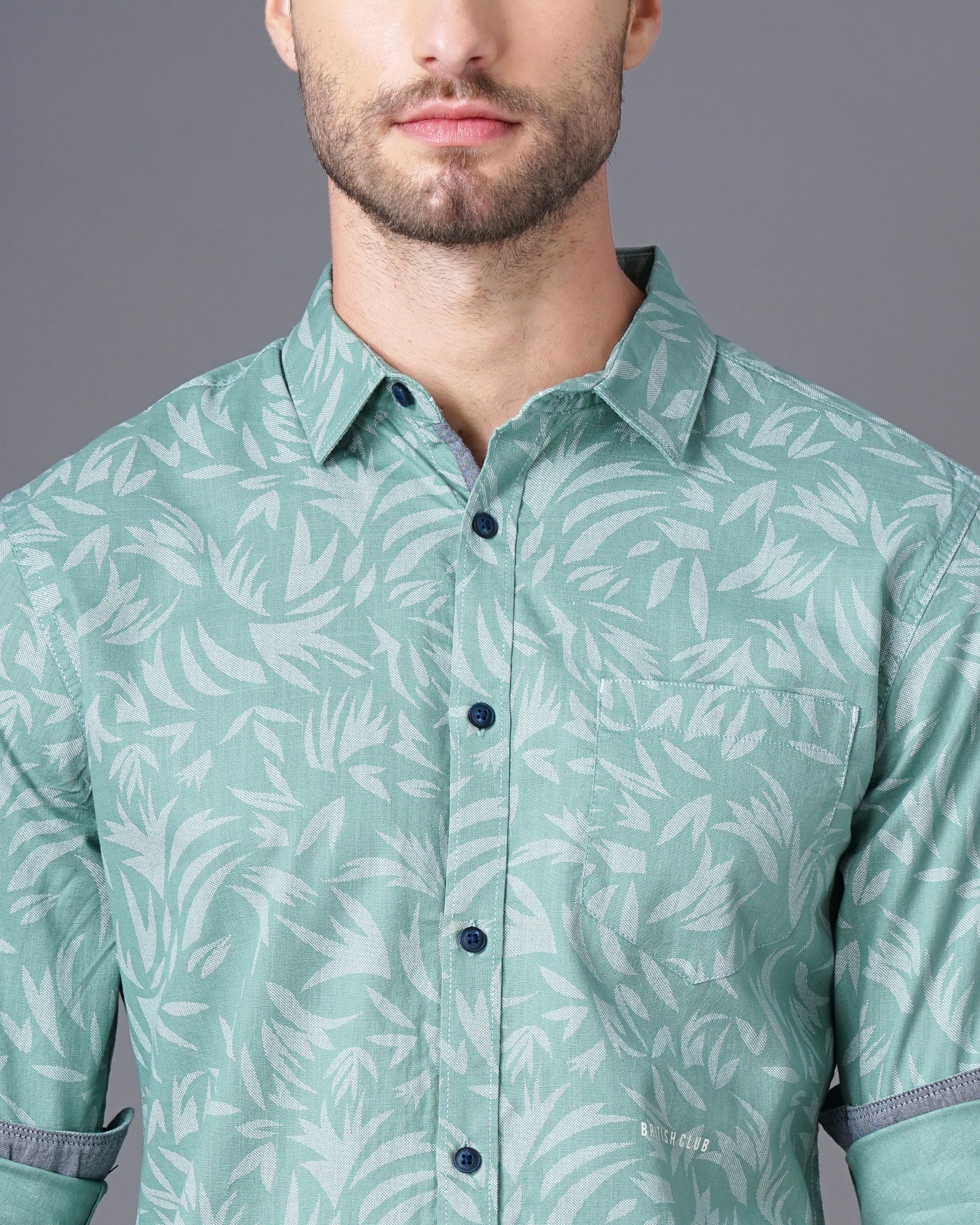 Men Green Cotton Slim Shirt