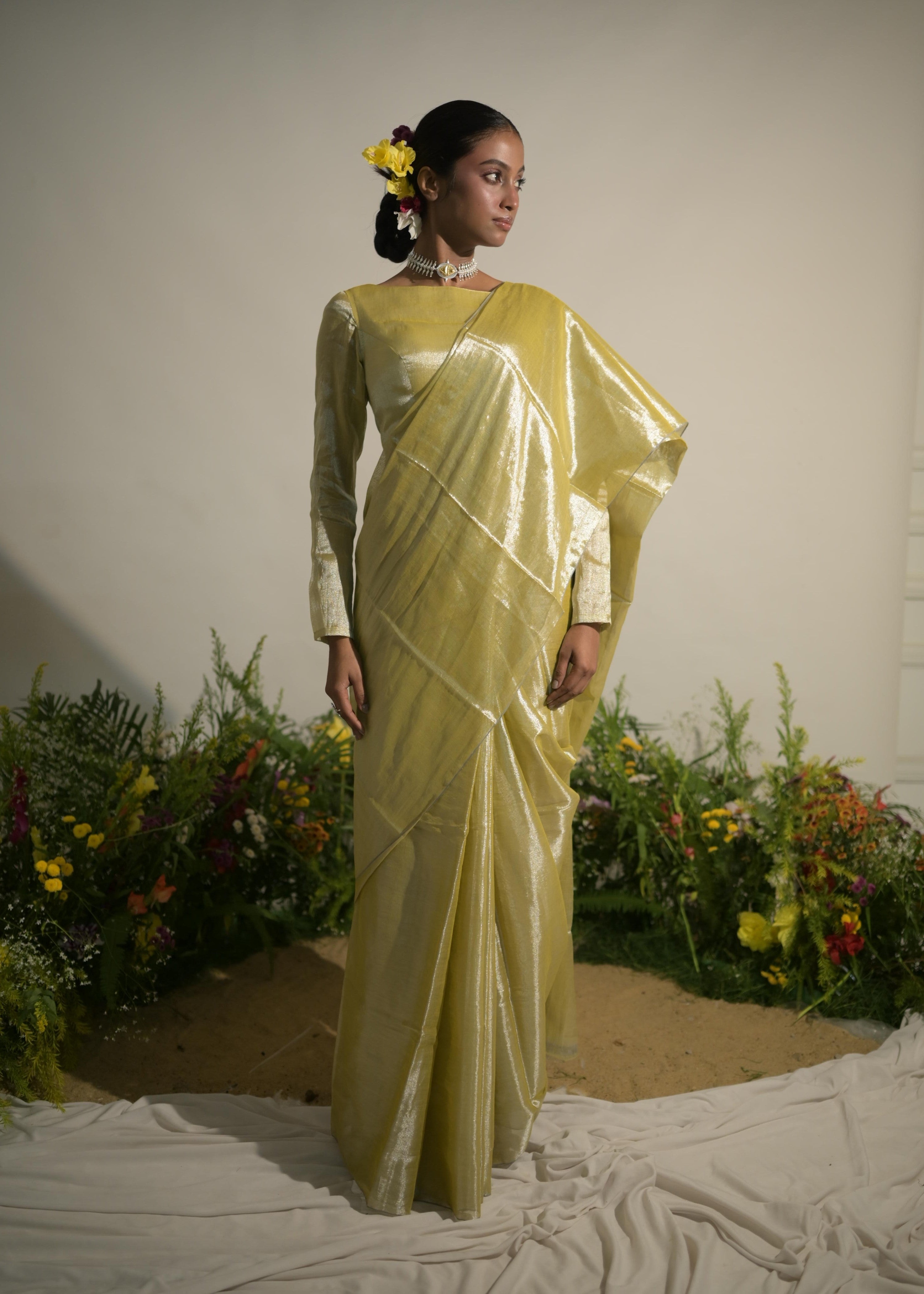 Buttercup Spice Neon Olive Tissue Saree