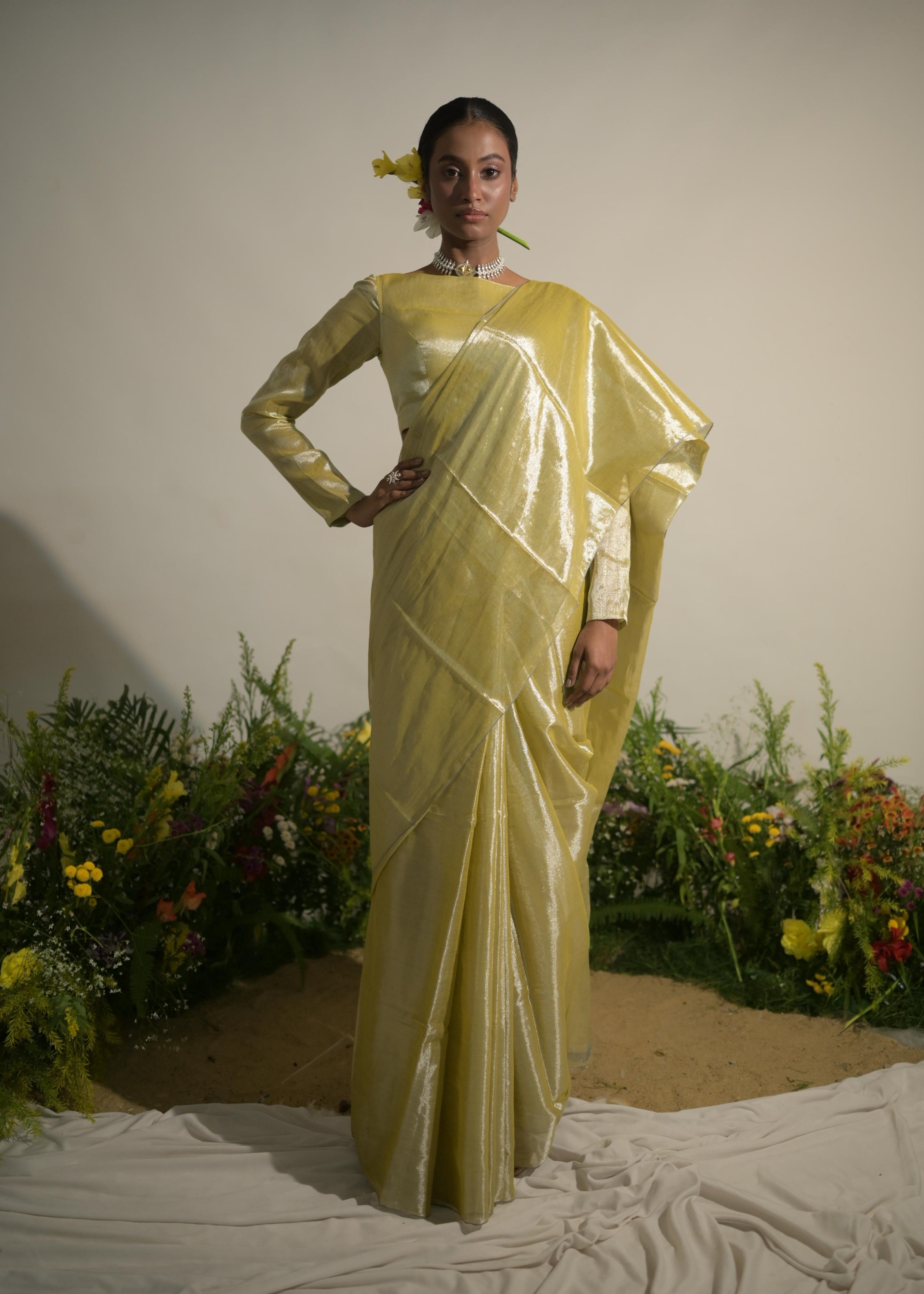 Buttercup Spice Neon Olive Tissue Saree