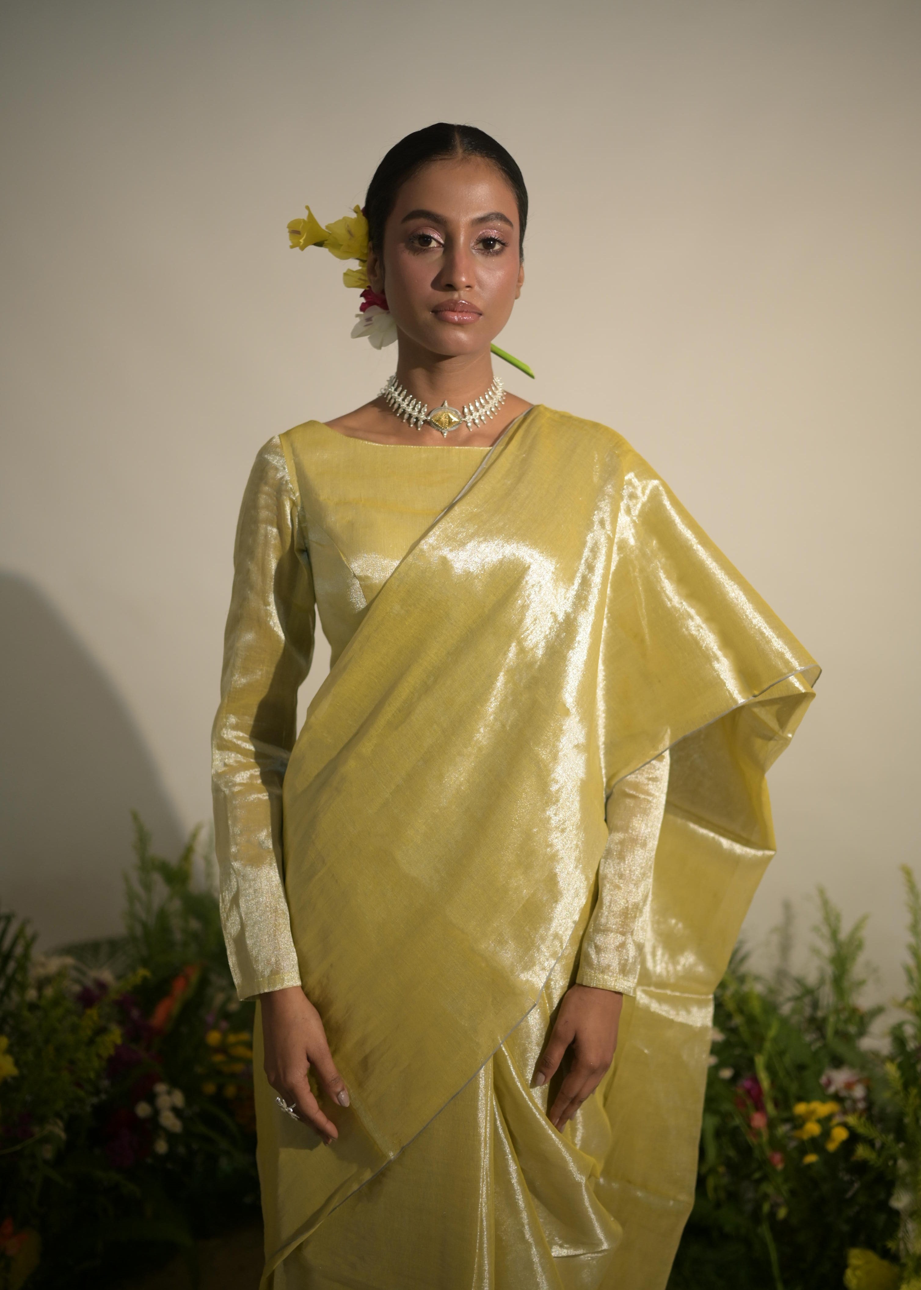 Buttercup Spice Neon Olive Tissue Saree