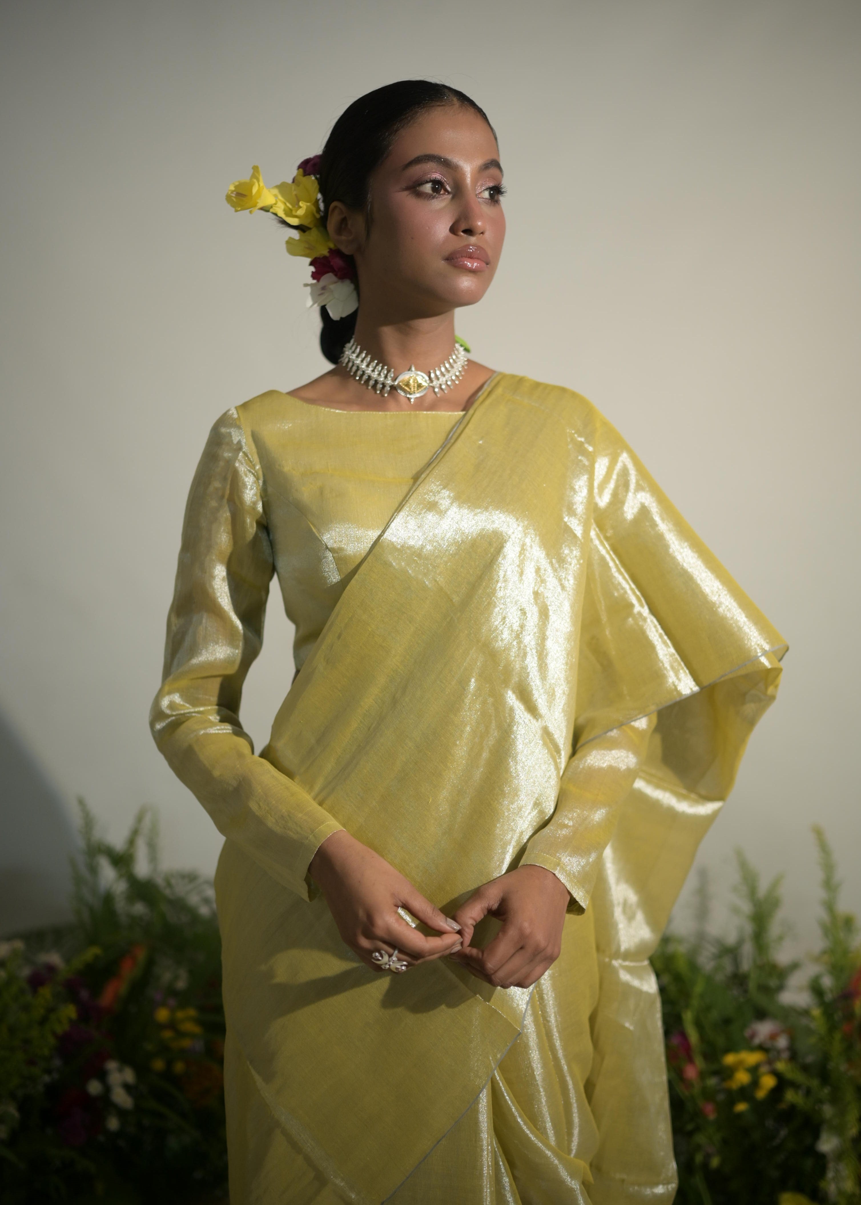 Buttercup Spice Neon Olive Tissue Saree