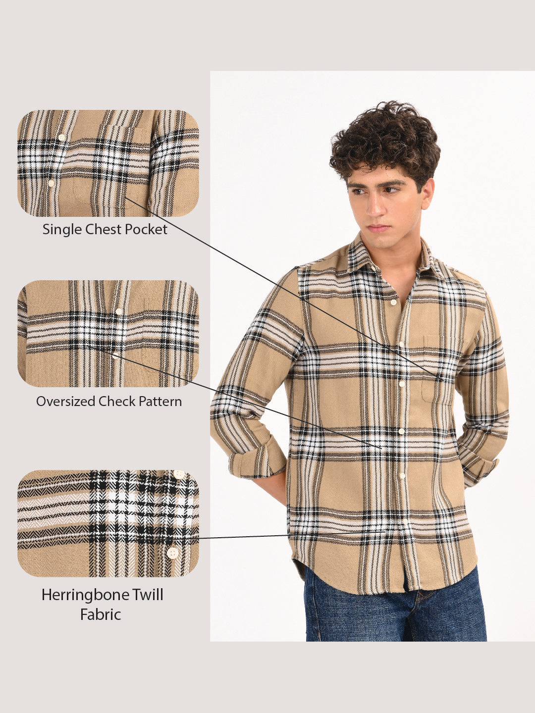 Men Khaki Herringbone Checked Shirt