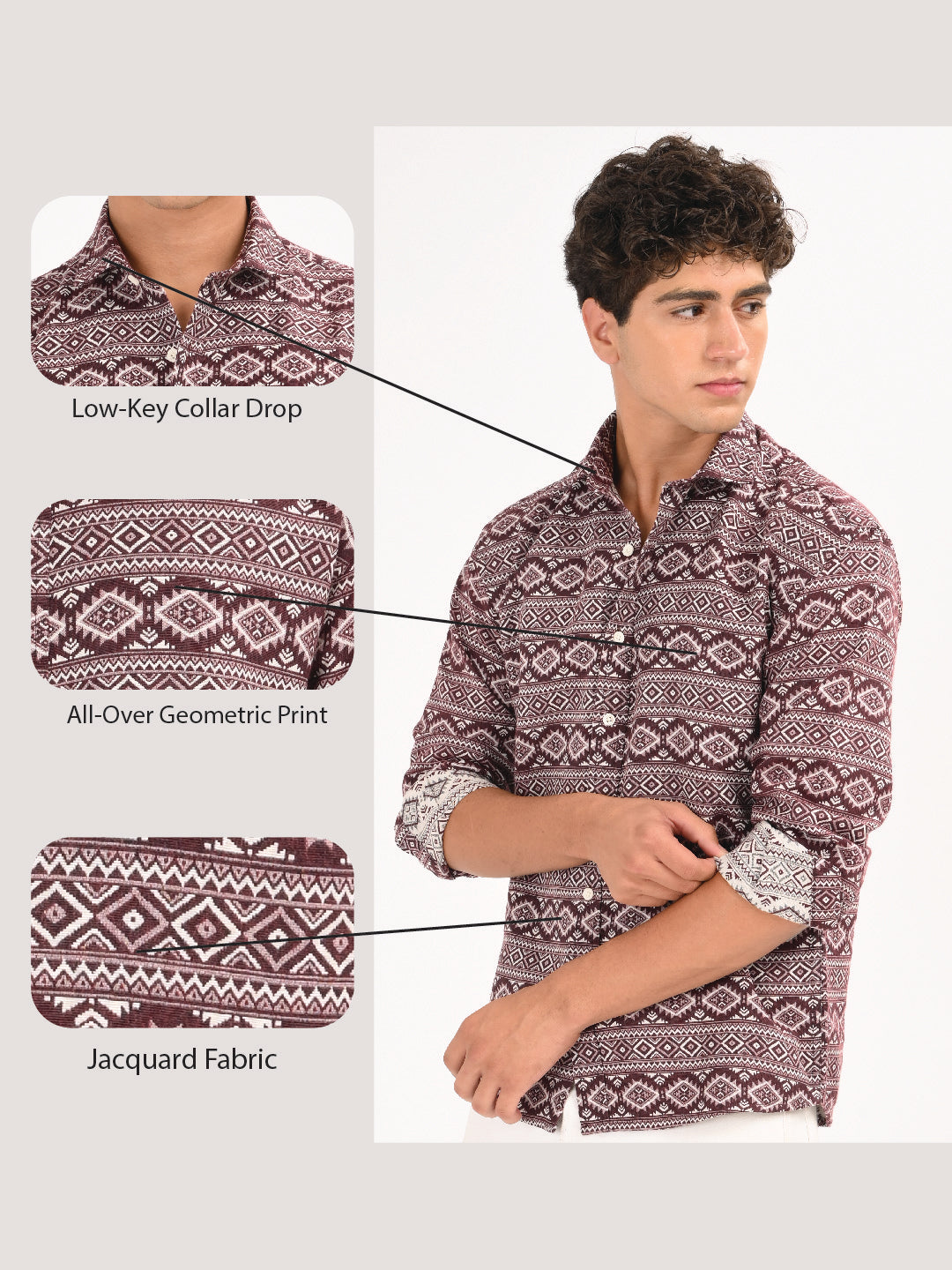 Men Maroon Textured Jacquard Tribal Shirt