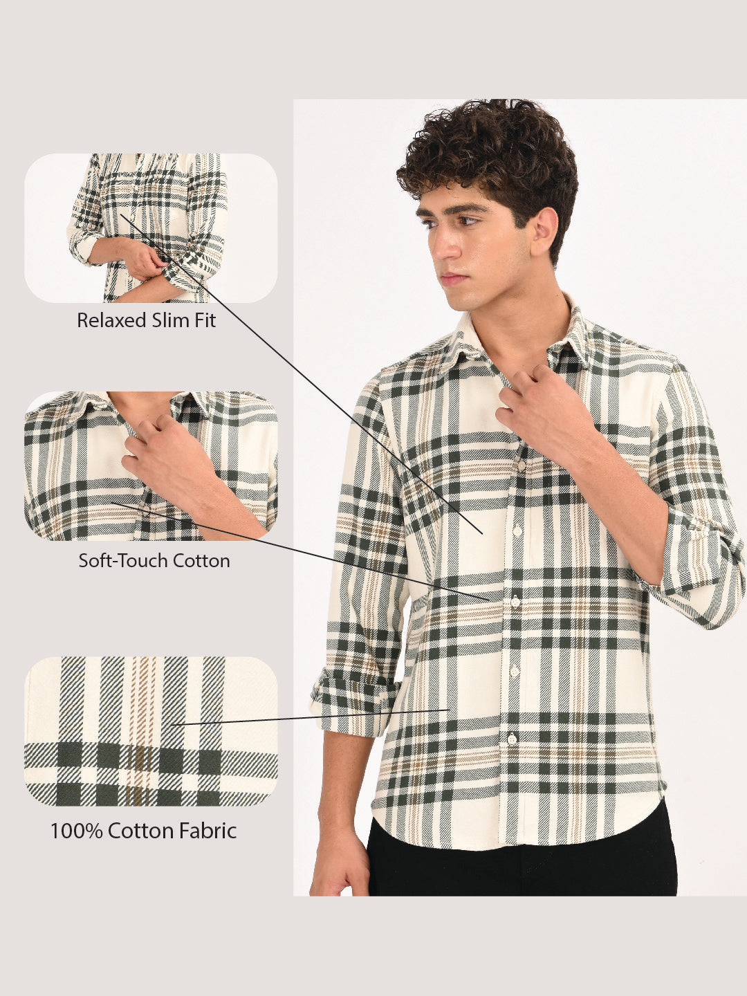 Men Cream Classic Checked Shirt