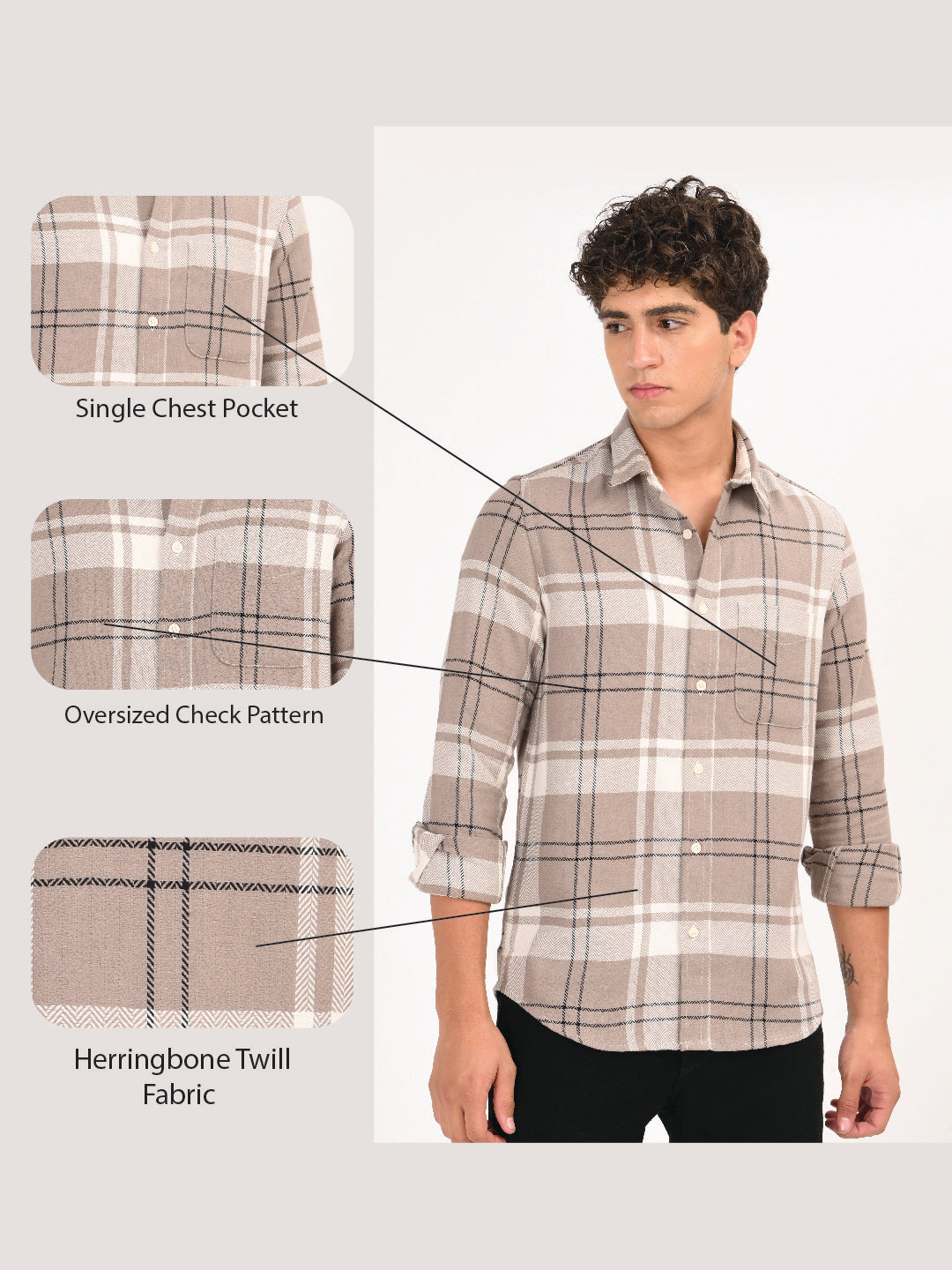 Men Beige Herringbone Checked Shirt