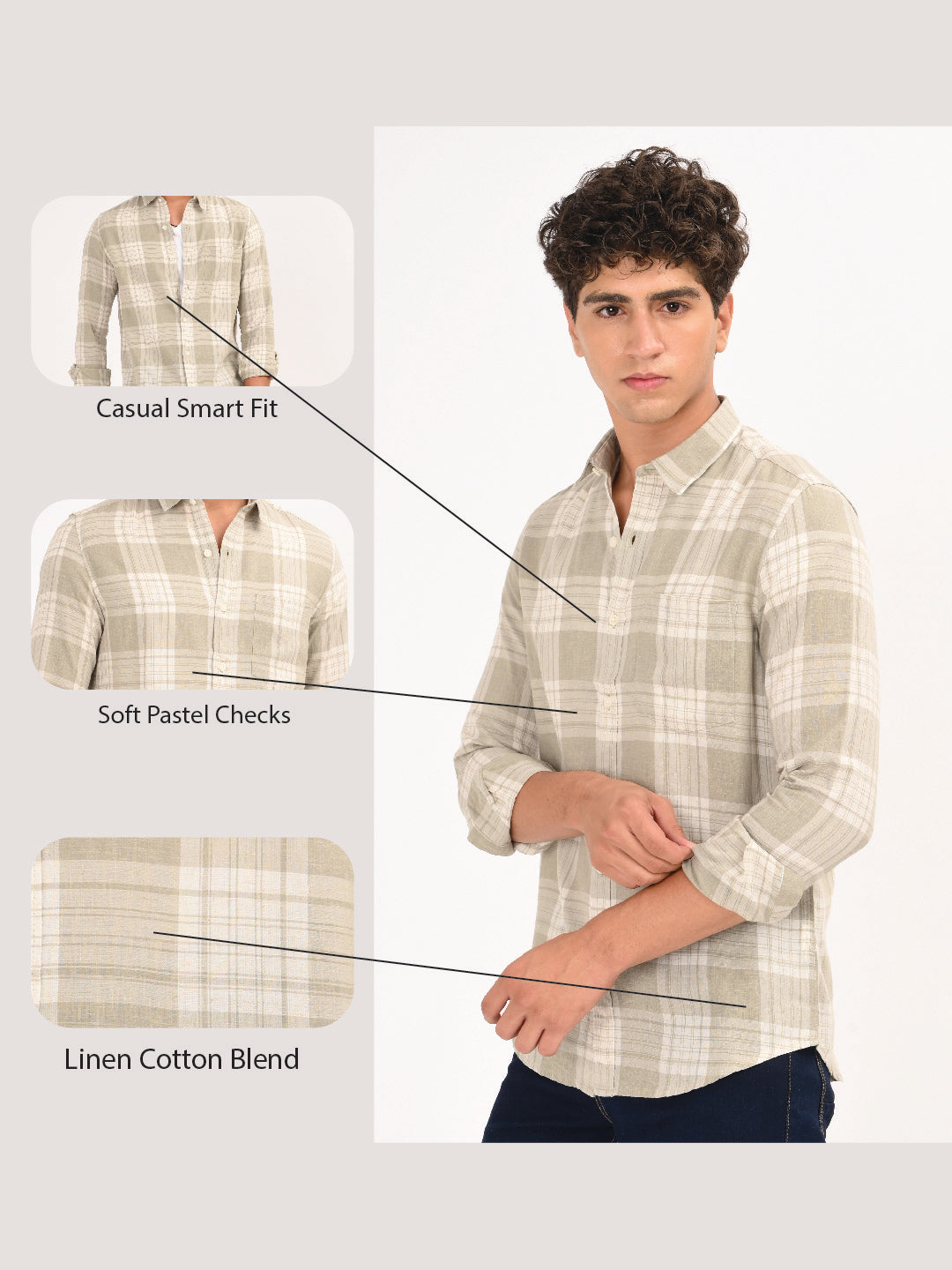 Men Green Linen Cotton Checked Shirt