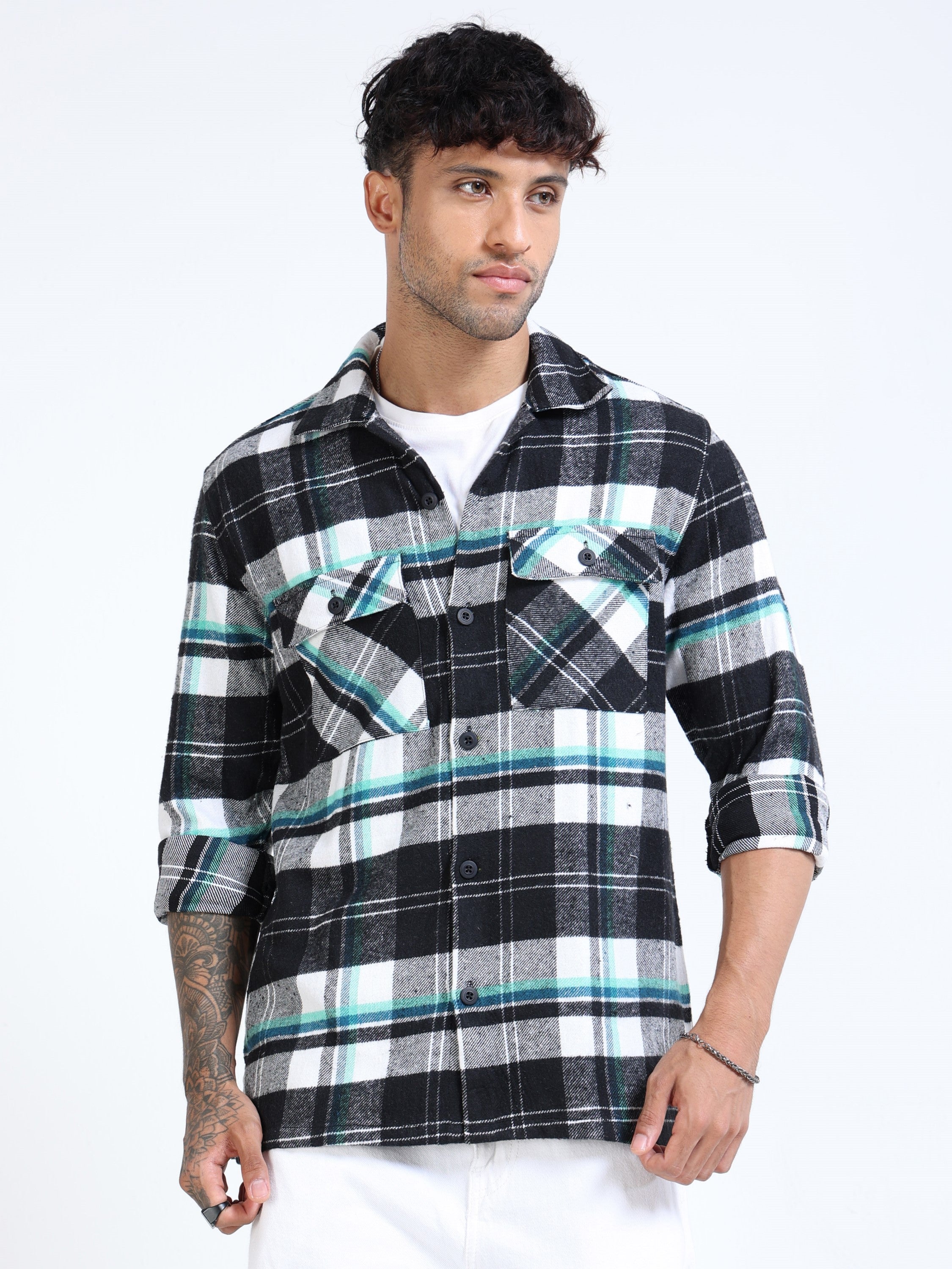 Men Twill Checked Black Casual Overshirt