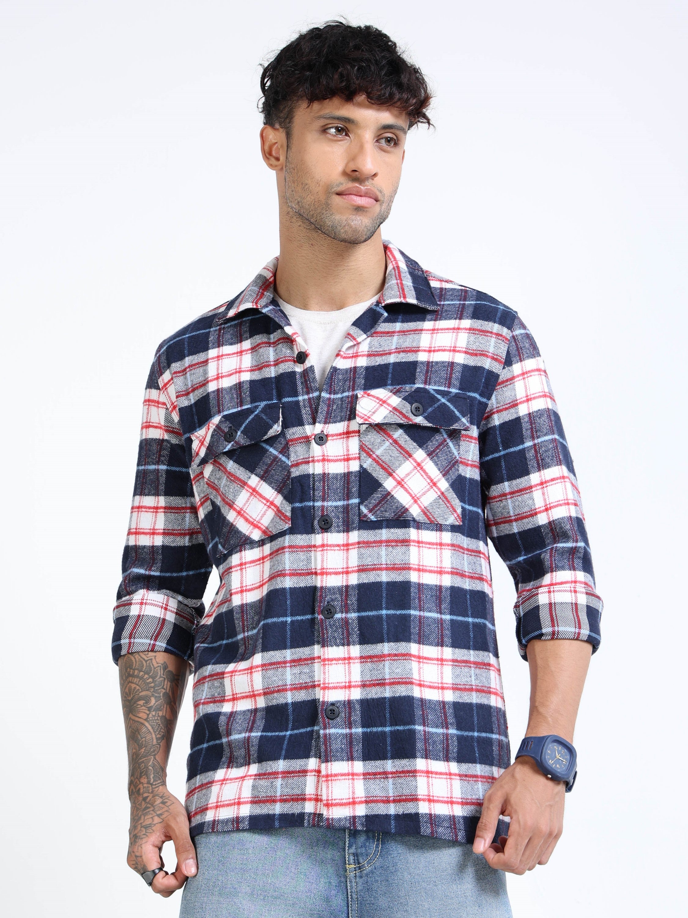 Men Twill Navy Checked Brushed Overshirt