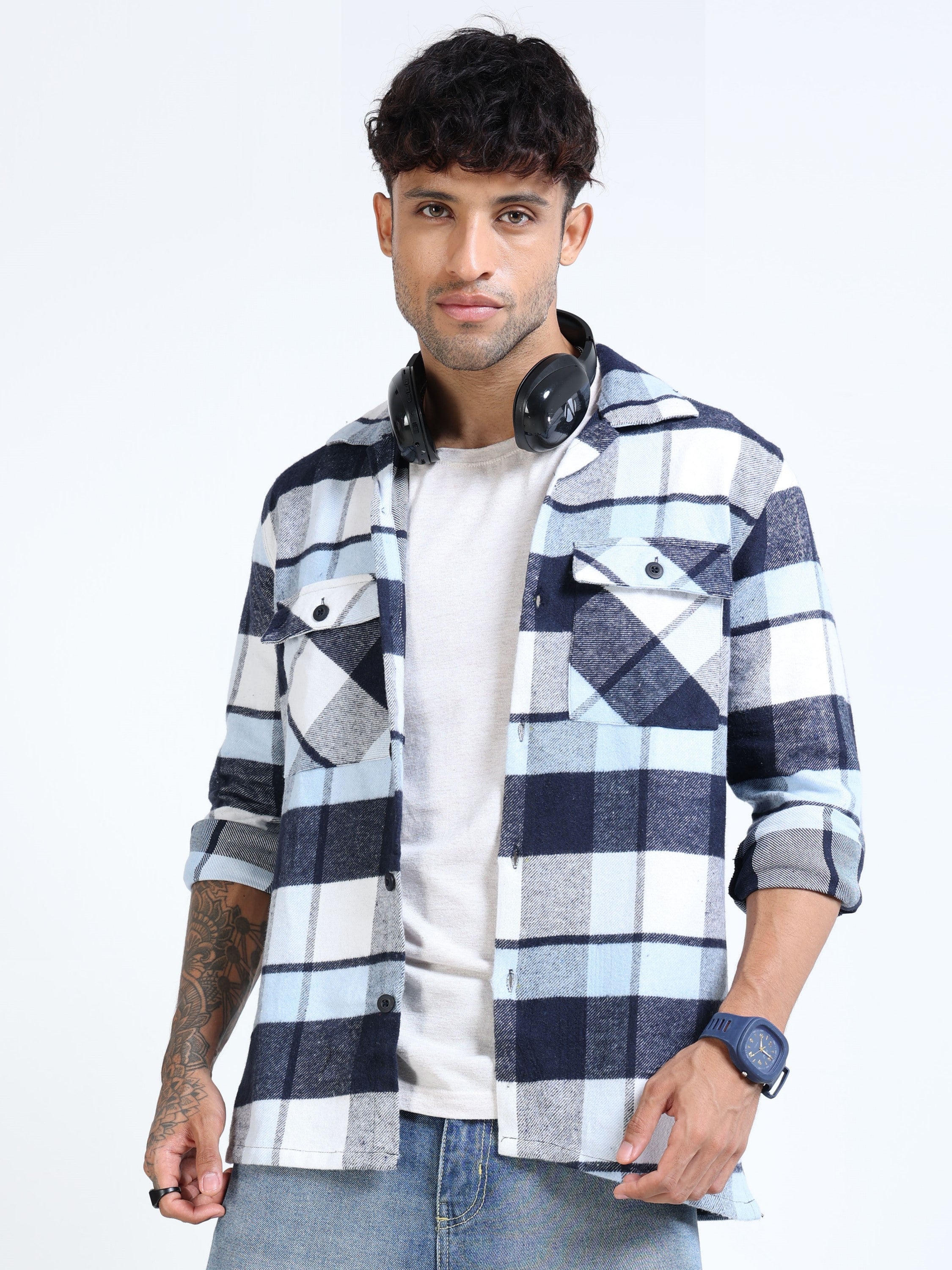 Men Twill Checked Sky Overshirt