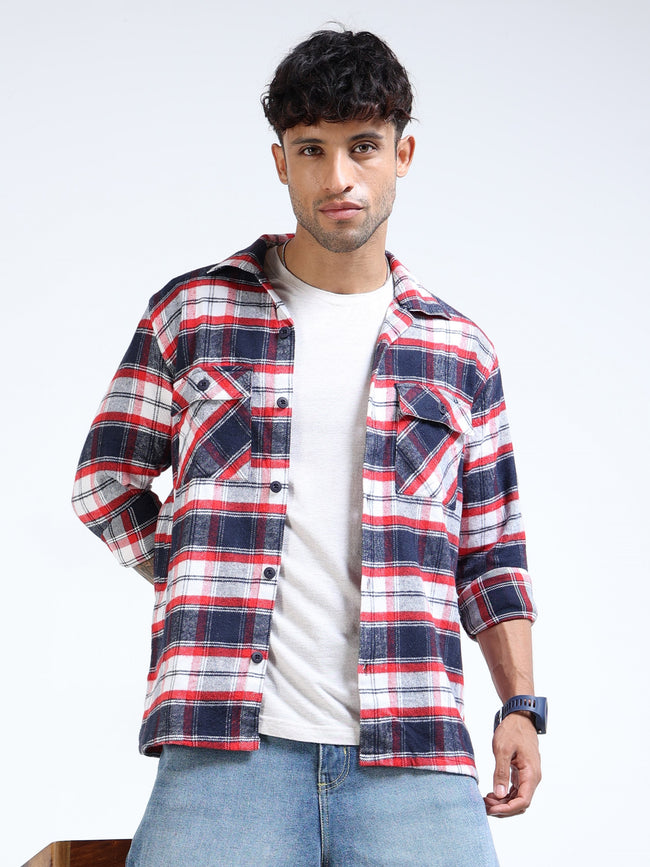 Men Twill Red Checked Overshirt