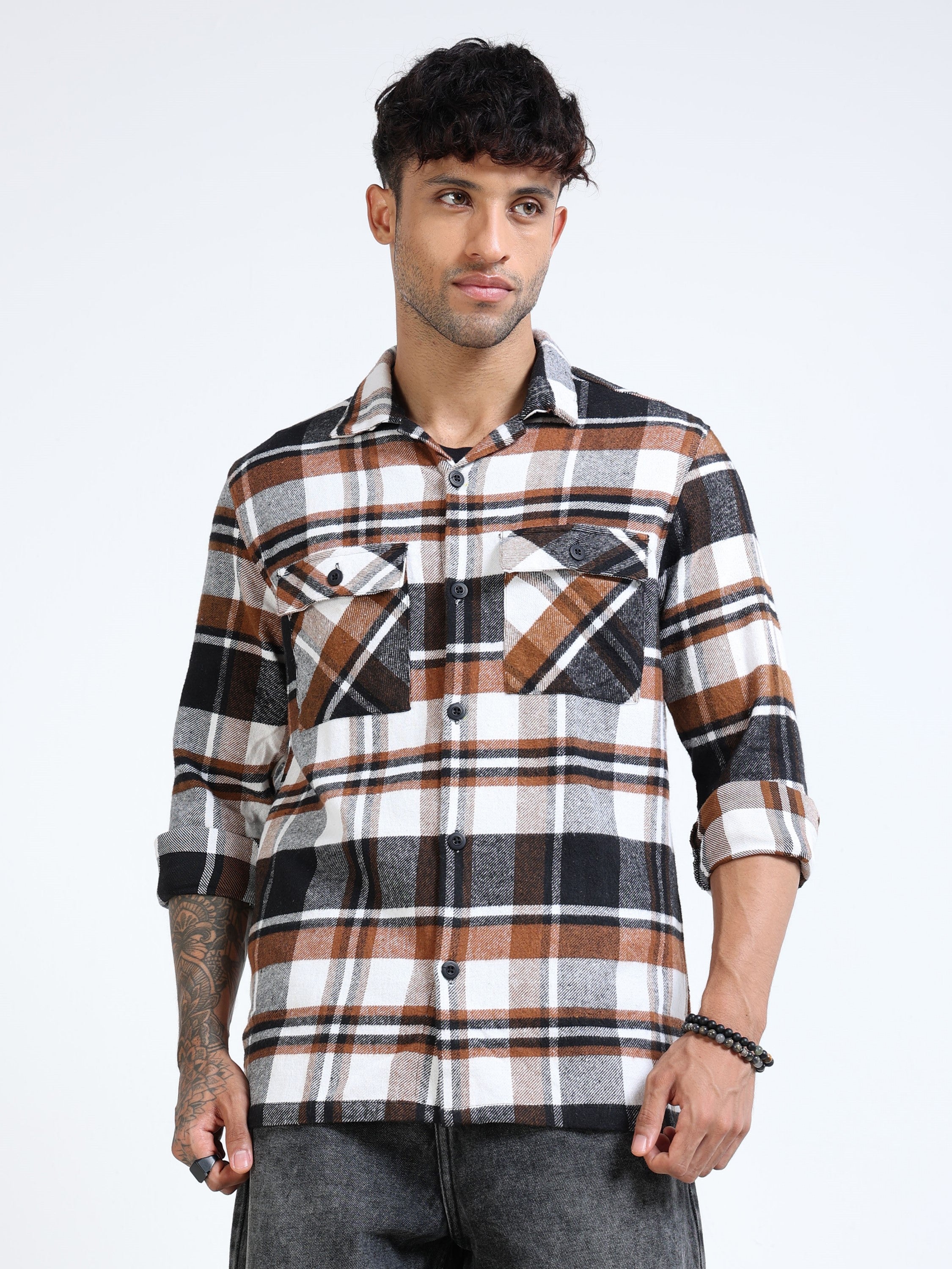 Men Twill Brown Checked Brushed Overshirt