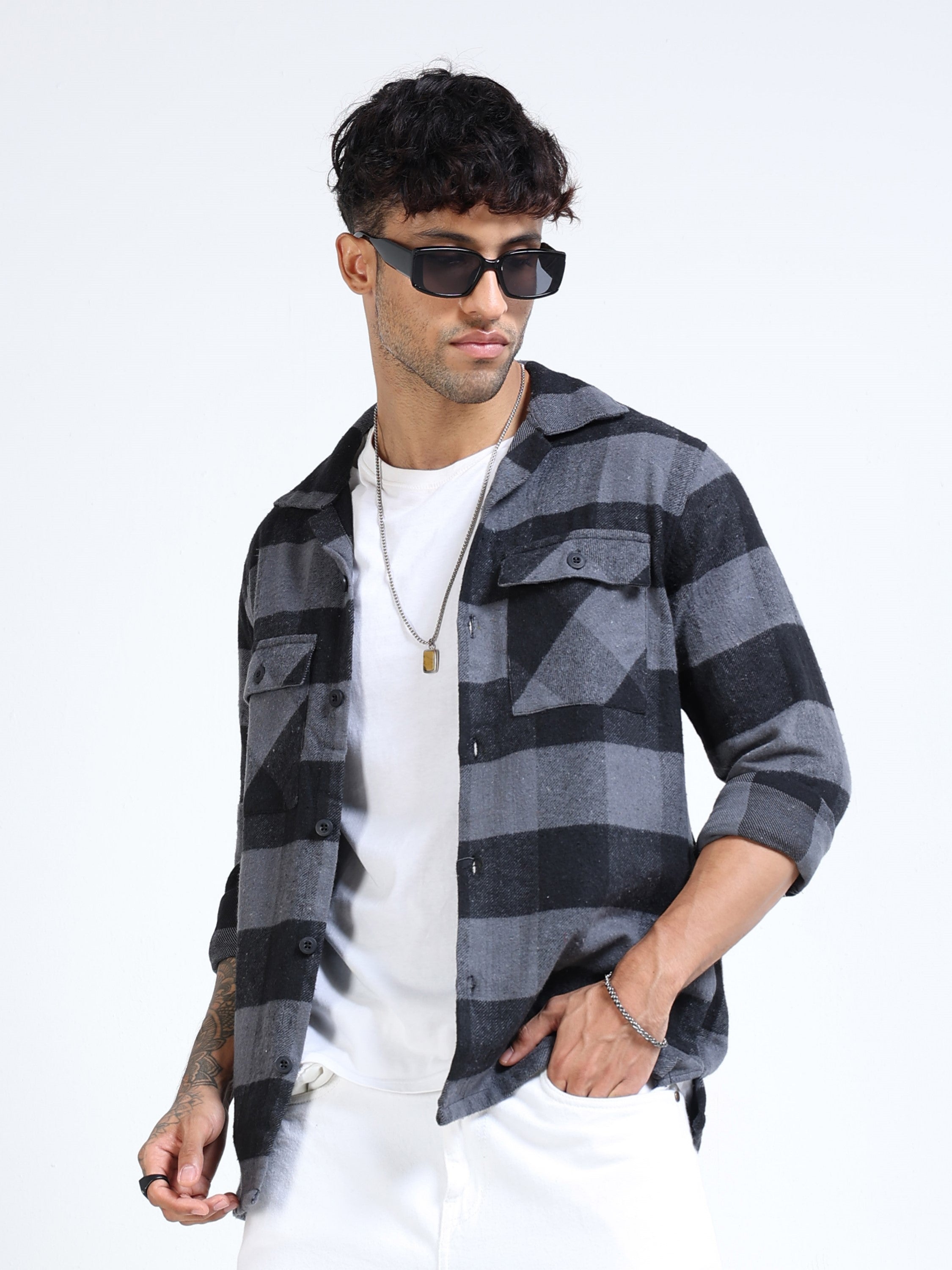 Men Grey Twill Checked Brushed Overshirt