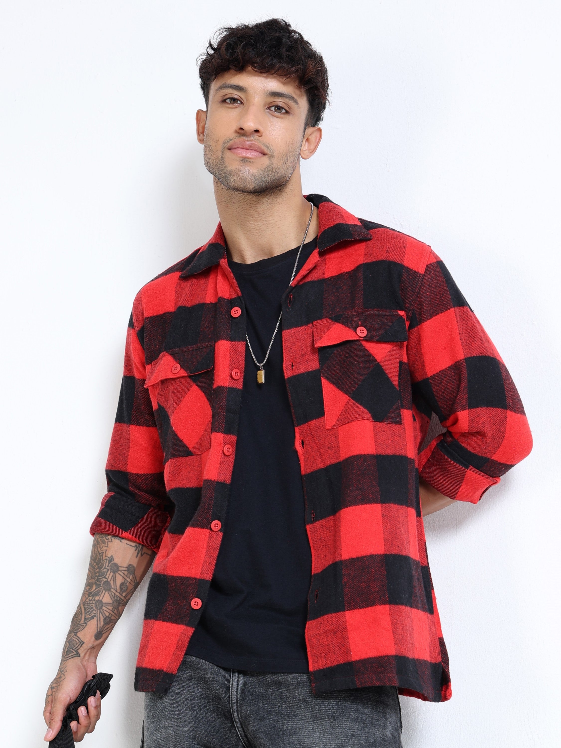 Men Twill Red Checked Cotton Blend Overshirt