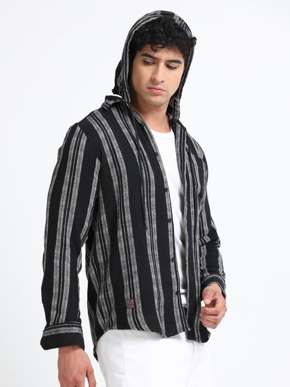 Men Striped Long Sleeve Hooded Casual Shirt