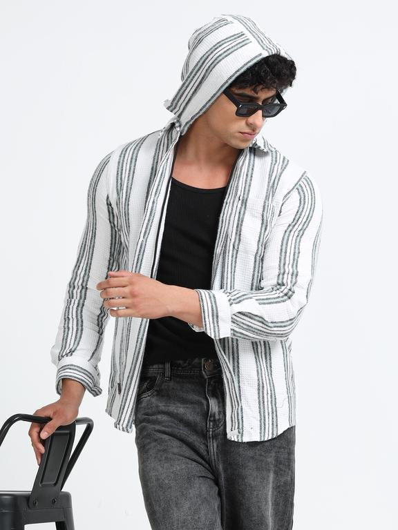 Men Striped Long Sleeve Hooded Casual Shirt