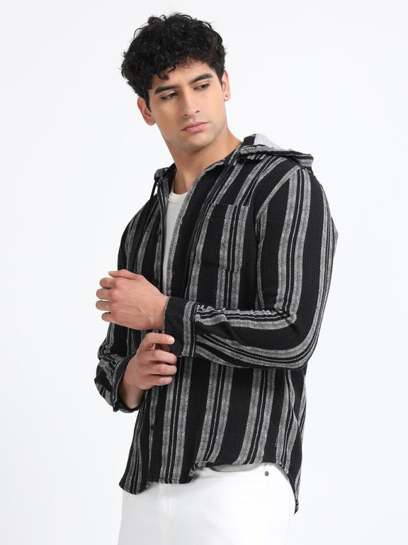Men Striped Long Sleeve Hooded Casual Shirt
