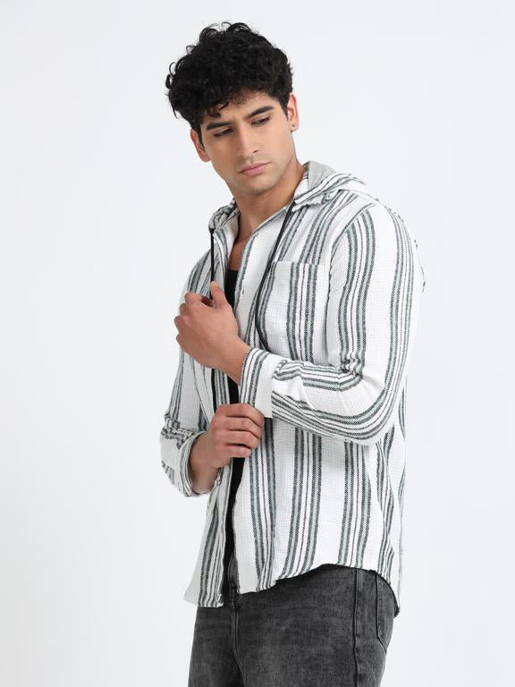 Men Striped Long Sleeve Hooded Casual Shirt