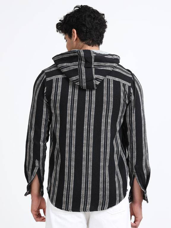 Men Striped Long Sleeve Hooded Casual Shirt