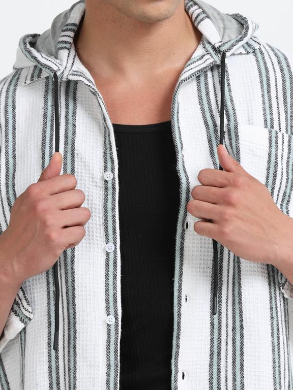 Men Striped Long Sleeve Hooded Casual Shirt