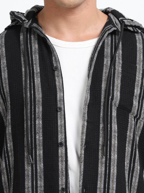 Men Striped Long Sleeve Hooded Casual Shirt