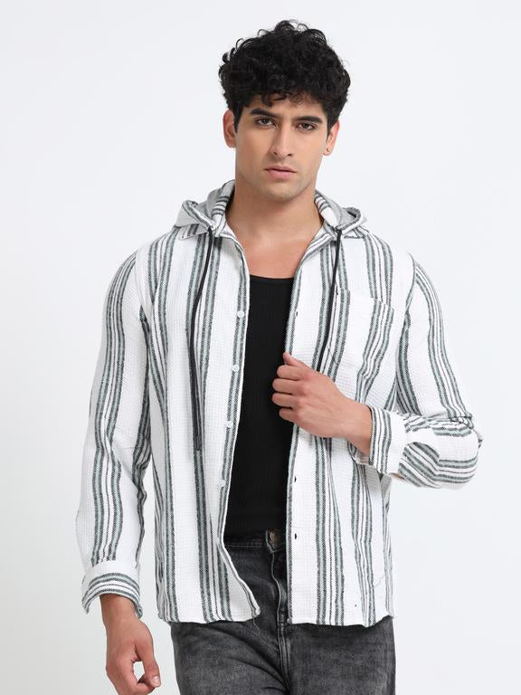 Men Striped Long Sleeve Hooded Casual Shirt