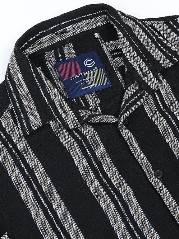 Men Striped Long Sleeve Hooded Casual Shirt