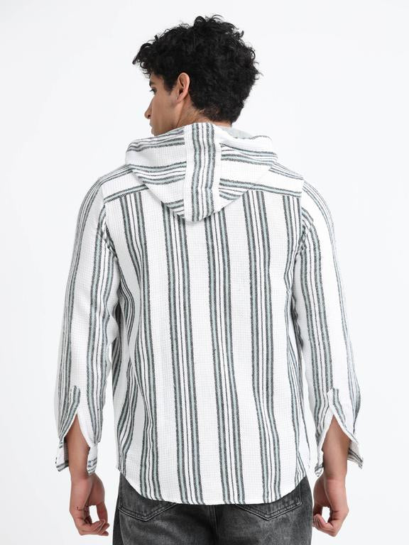 Men Striped Long Sleeve Hooded Casual Shirt