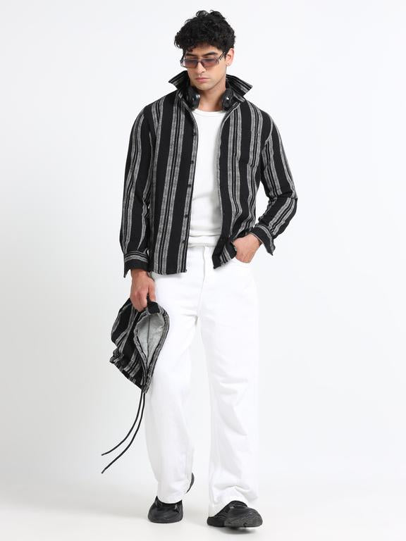Men Striped Long Sleeve Hooded Casual Shirt