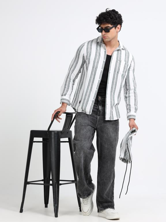 Men Striped Long Sleeve Hooded Casual Shirt