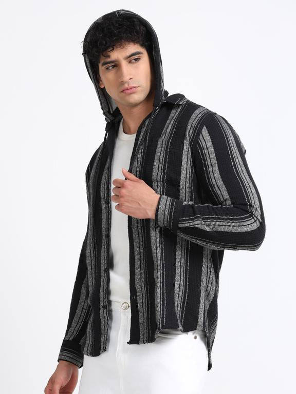 Men Striped Long Sleeve Hooded Casual Shirt