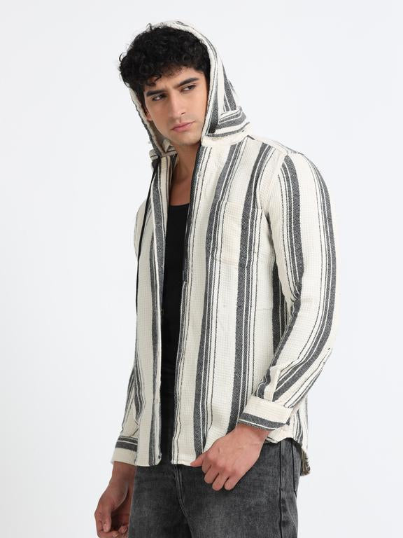 Men Striped Long Sleeve Hooded Casual Shirt