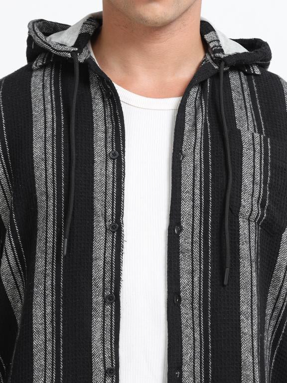 Men Striped Long Sleeve Hooded Casual Shirt