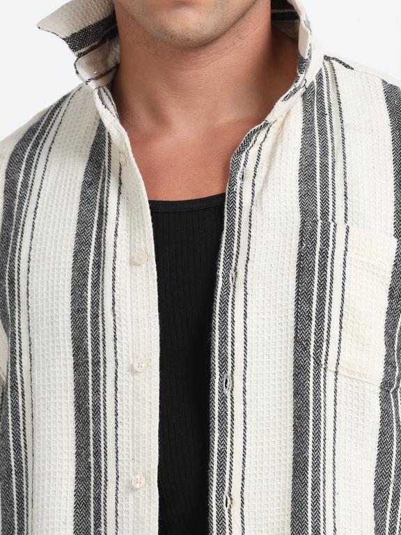 Men Striped Long Sleeve Hooded Casual Shirt